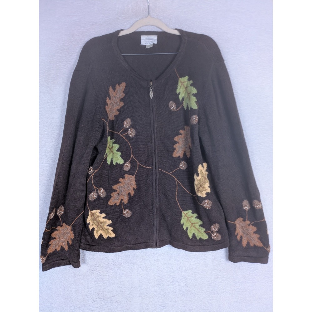 Christopher & Banks Cardigan Women's XL Brown Embroidered Leaves Acorns
